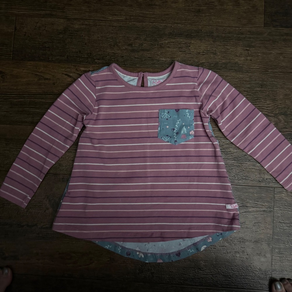 Girls Ruffle Butts Pink Stripe Floral‎ Pocket Long Sleeve Shirt Size 4T